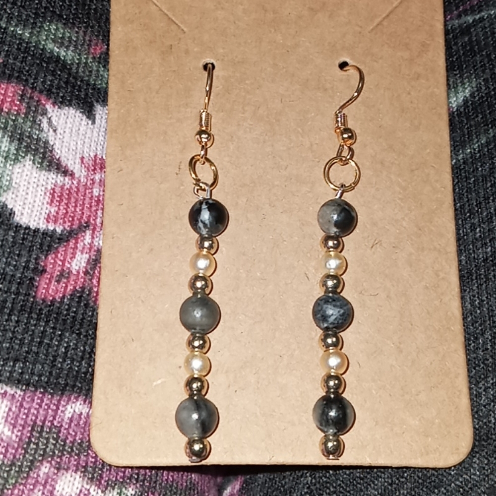 Hand Crafted Black jasper gemstone gold and freshwater pearls statement earrings